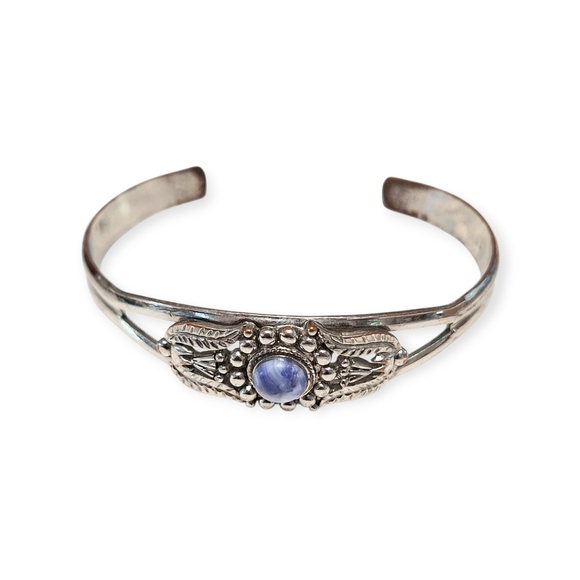 Vintage Jewelry - Vintage Silver Open Cuff Bracelet w/Blue Gemstone